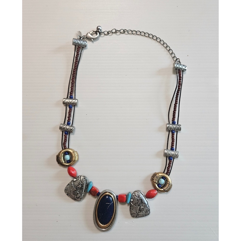 Chicos Mixed Media Statement Necklace Blue Red Silver Gold Tone Boho Eclectic